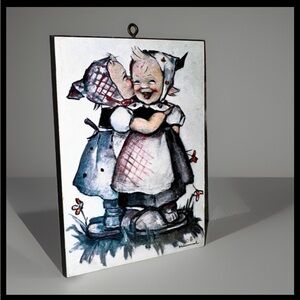 Vintage Hummel Style Wall Plaque • Small Wood Hanging Decor